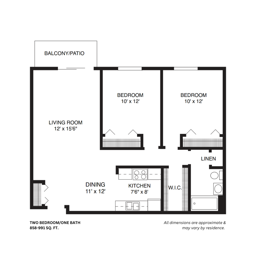 2 Bed 1 Bath Large Floor Plan | 972 Sq. Ft. at Willow Hill Apartments, Justice, Illinois